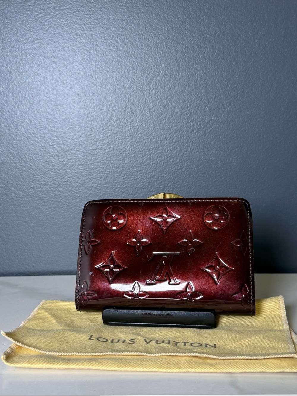 Louis Vuitton Burgundy Vernis Embossed Compact Wallet with Gold Hardware